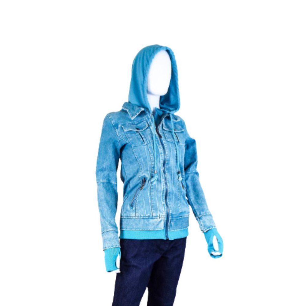 YOUBOYA BLUE DENIM COAT JACKET W/ THUMB HOLES DETACHABLE HOOD - XS